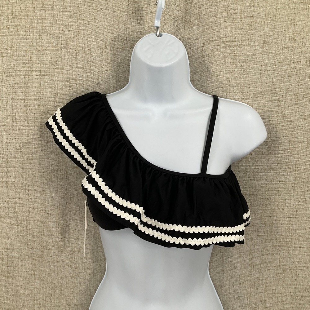 GB Girls Bikini Top Kids Size 12 Black Ruffle One Shoulder Preppy NEW
